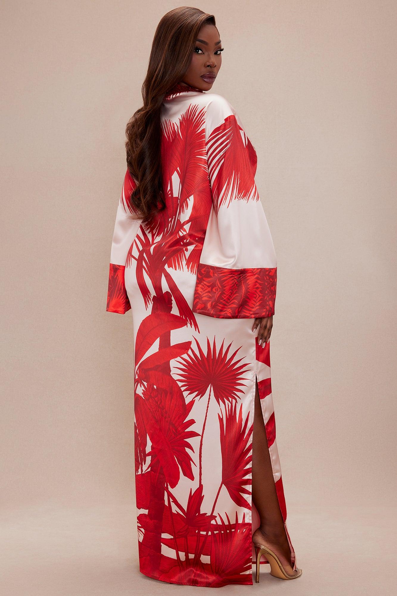 Selena Satin Kaftan Maxi Dress - Red/combo Product Image