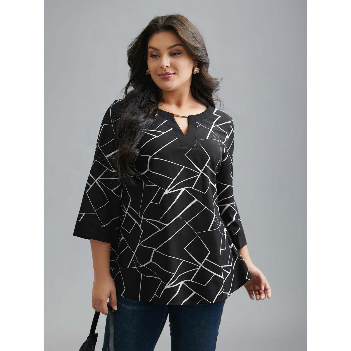 Plus Size Black Geometric Print Metal Detail Spliced Blouse Women At the Office Elbow-length sleeve Round Neck Office Blouses BloomChic 18-20/2X Product Image