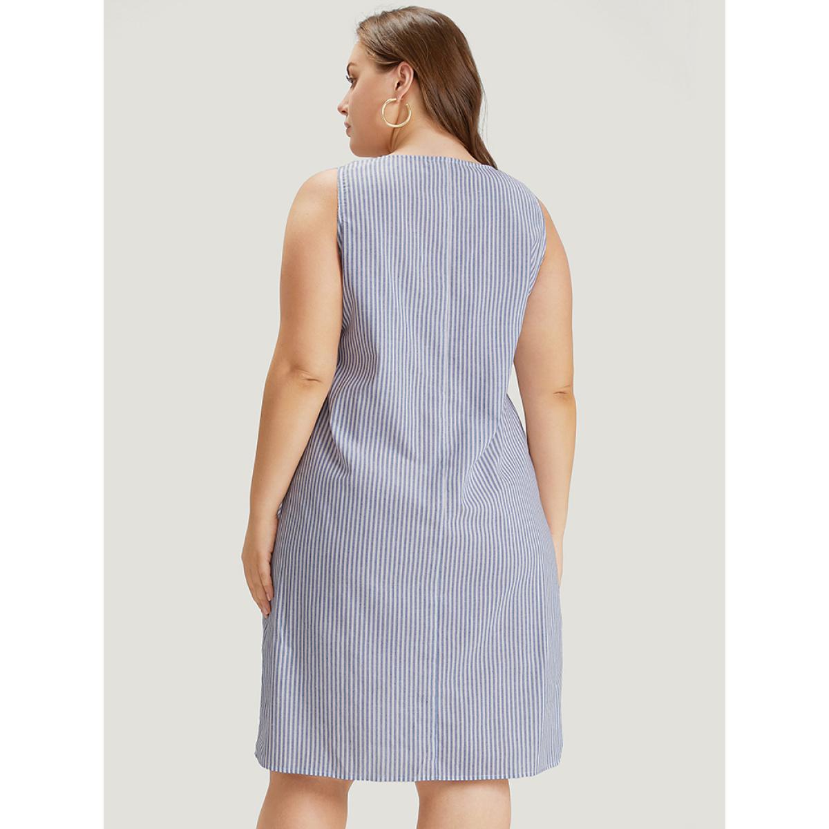 Plus Size Striped Patched Pocket Adjustable Button Dress LightBlue Women Casual Adjustable Straps Round Neck Sleeveless Curvy Knee Dress BloomChic 26/4X Product Image