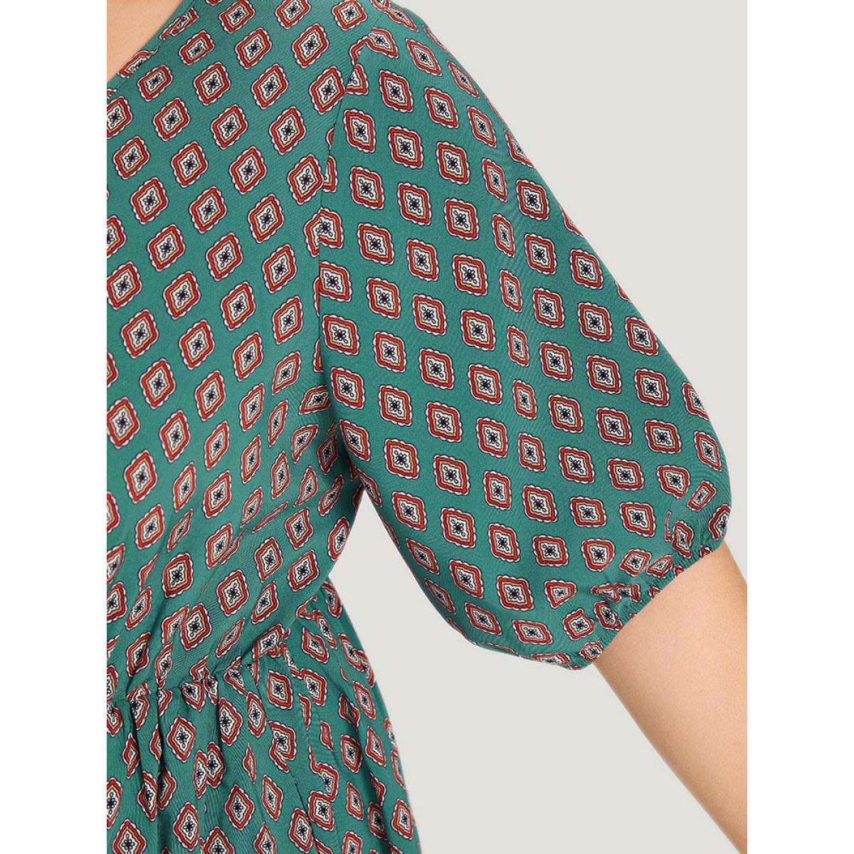 Plus Size Boho Print V Neck Pocket Lantern Sleeve Dress Teal Women Vacation Patchwork V-neck Half Sleeve Curvy Knee Dress BloomChic 30/6X Product Image