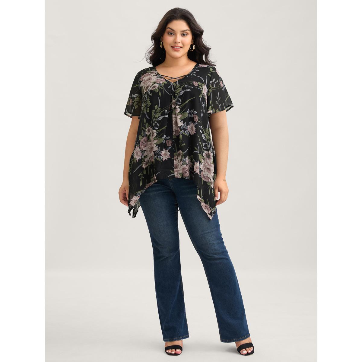 Plus Size Black Chiffon Floral Crisscross Hanky Hem Blouse Women Romantic Short sleeve V-neck Elegant Blouses BloomChic 14-16/1X Product Image