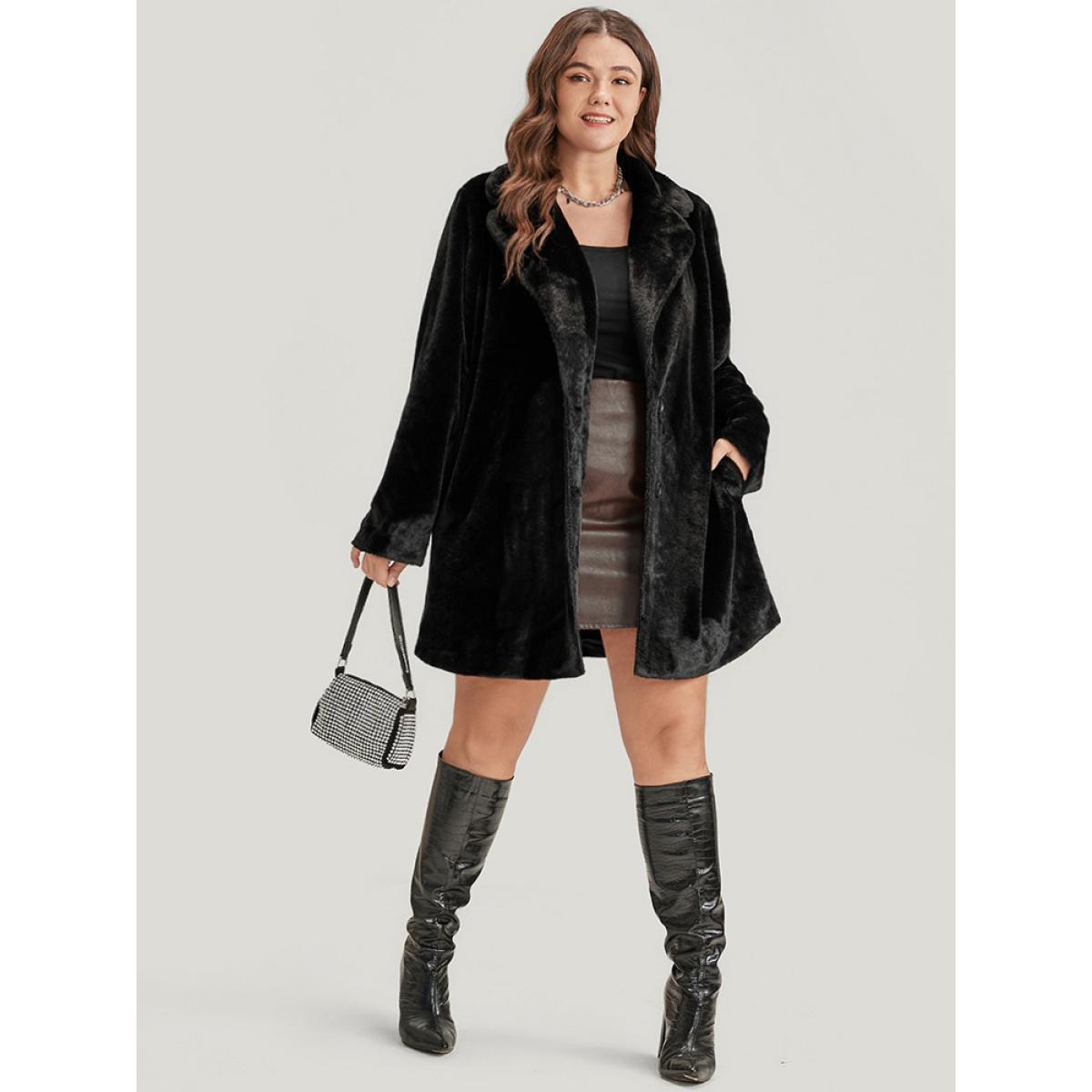 Plus Size Solid Pocket Faux Fur Button Front Coat Women Black Party Pocket Ladies Going out Winter Coats BloomChic 30/6X Product Image