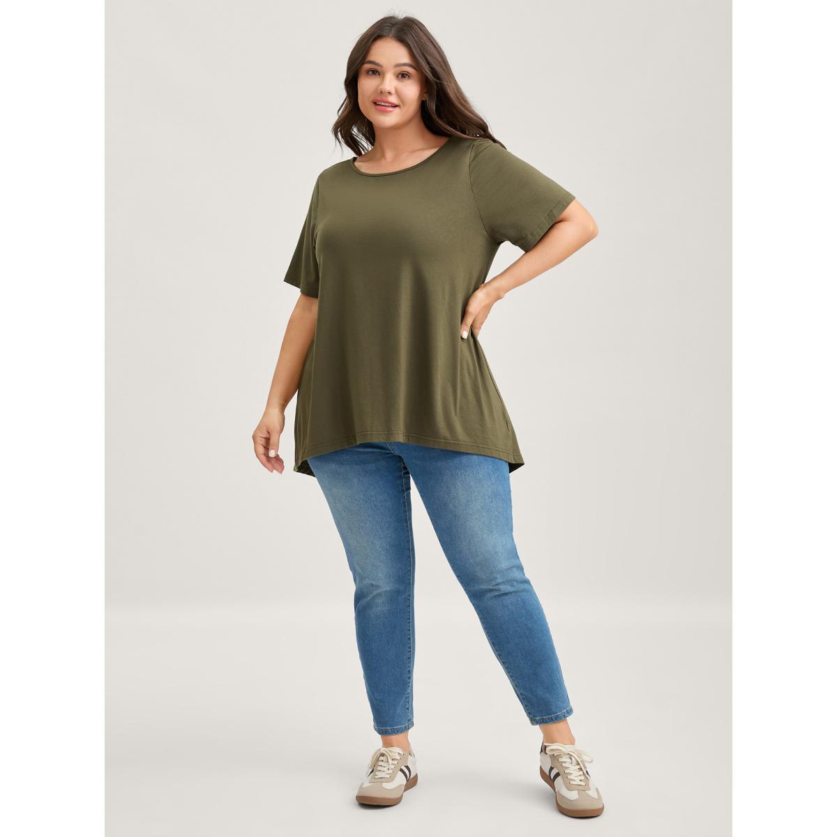 Plus Size Split Lace Back Solid T-Shirt ArmyGreen Women Woven ribbon&lace trim Round Neck Everyday-Casual T-shirts BloomChic 12/L Product Image
