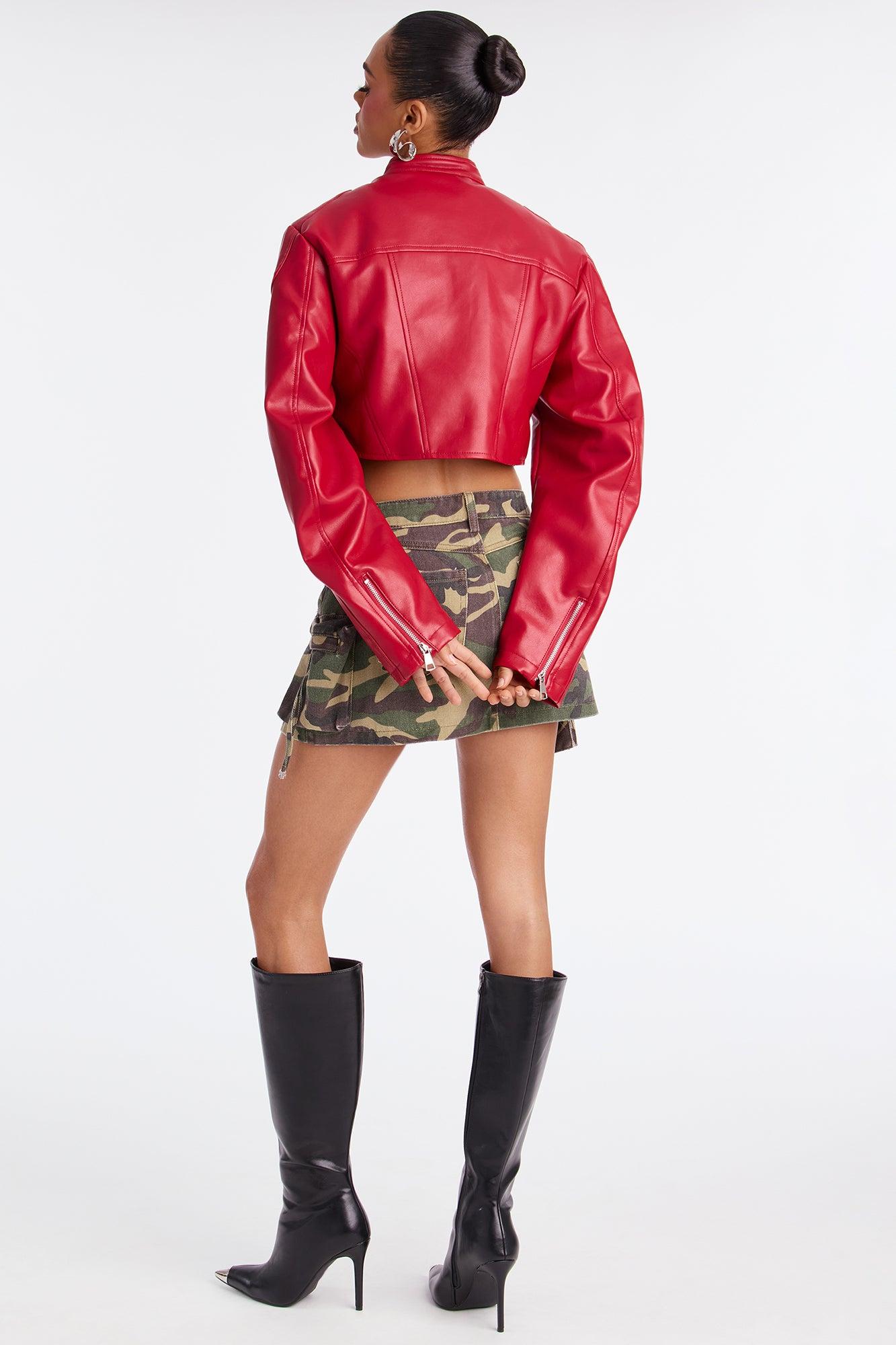 Mina Cropped Faux Leather Moto Jacket - Red Female Product Image