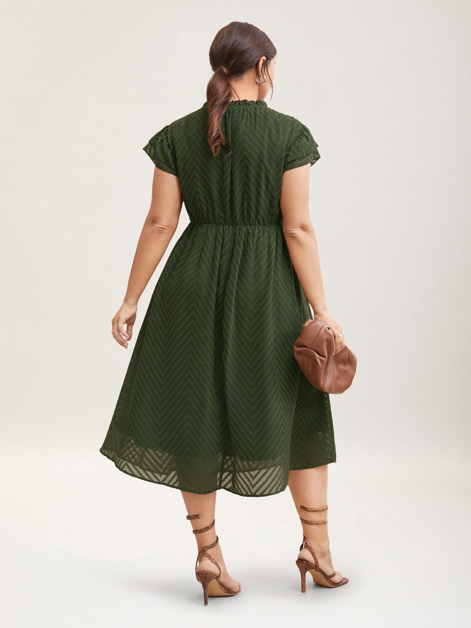 Plain Geometric Layered Sleeve Pocket Ruffle Mock Neck Dress Female Product Image