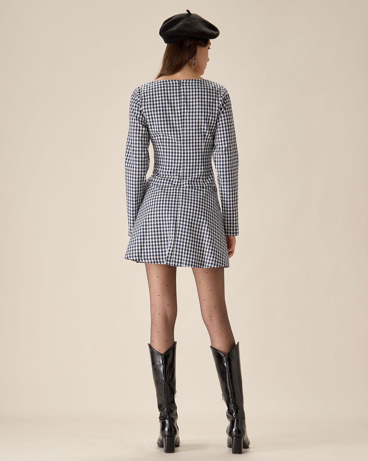 Navy Square Neck Plaid Mini Dress Product Image