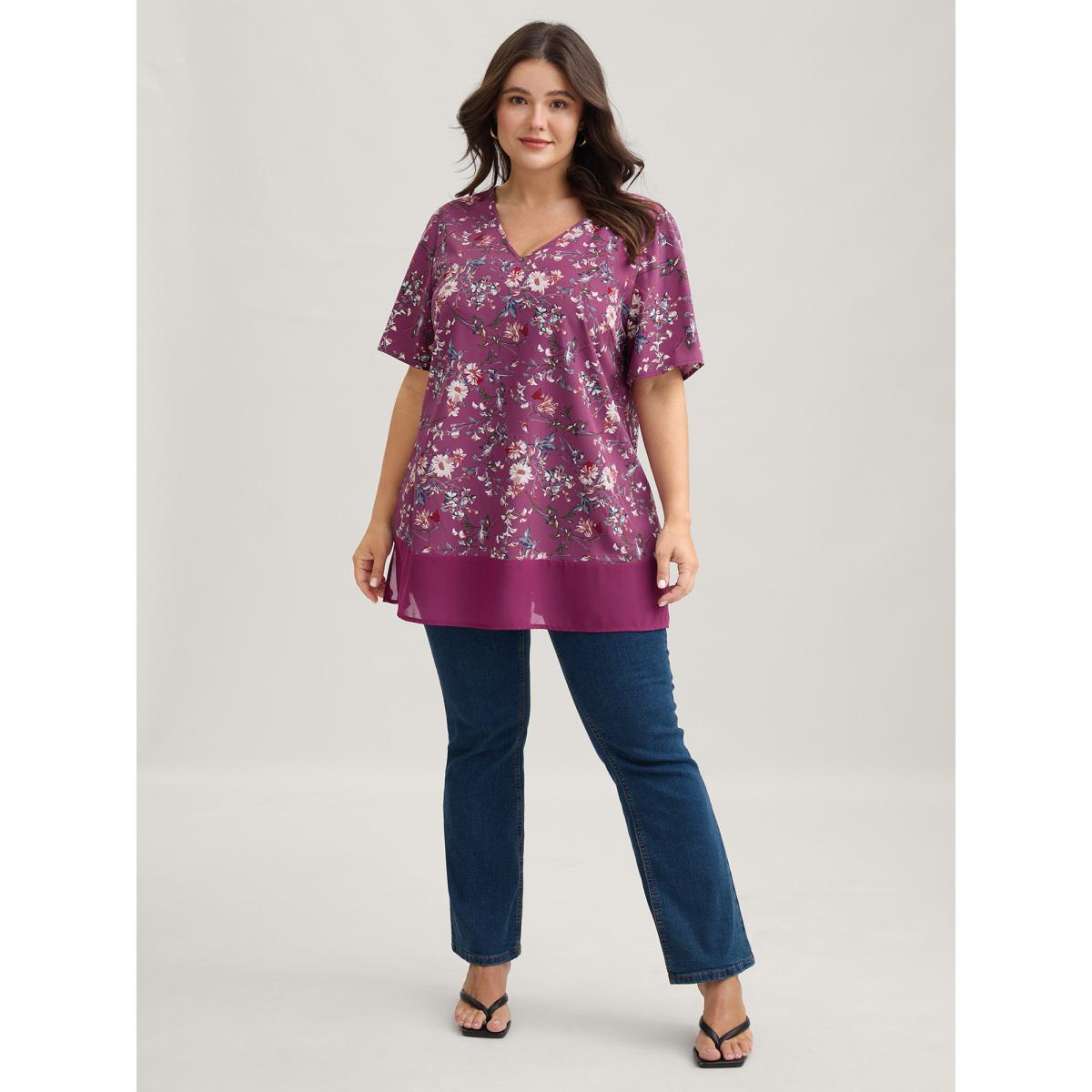 Plus Size Deeppurplered Garden Print Spliced V-Neck Blouse Women Romantic Short sleeve V-neck Elegant Blouses BloomChic 26/4X Product Image