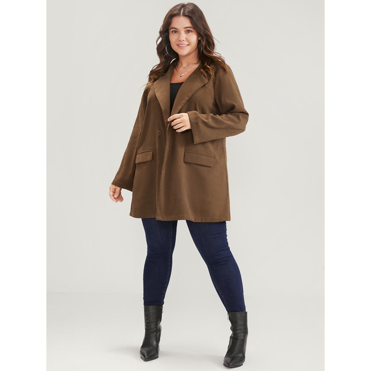 Plus Size Solid Pocket Suit Collar Double Button Blazer Brown Women Dailywear Plain Pocket Sleeve Long Sleeve Suit Collar 10/M Pocket Casual Blazers BloomChic Product Image