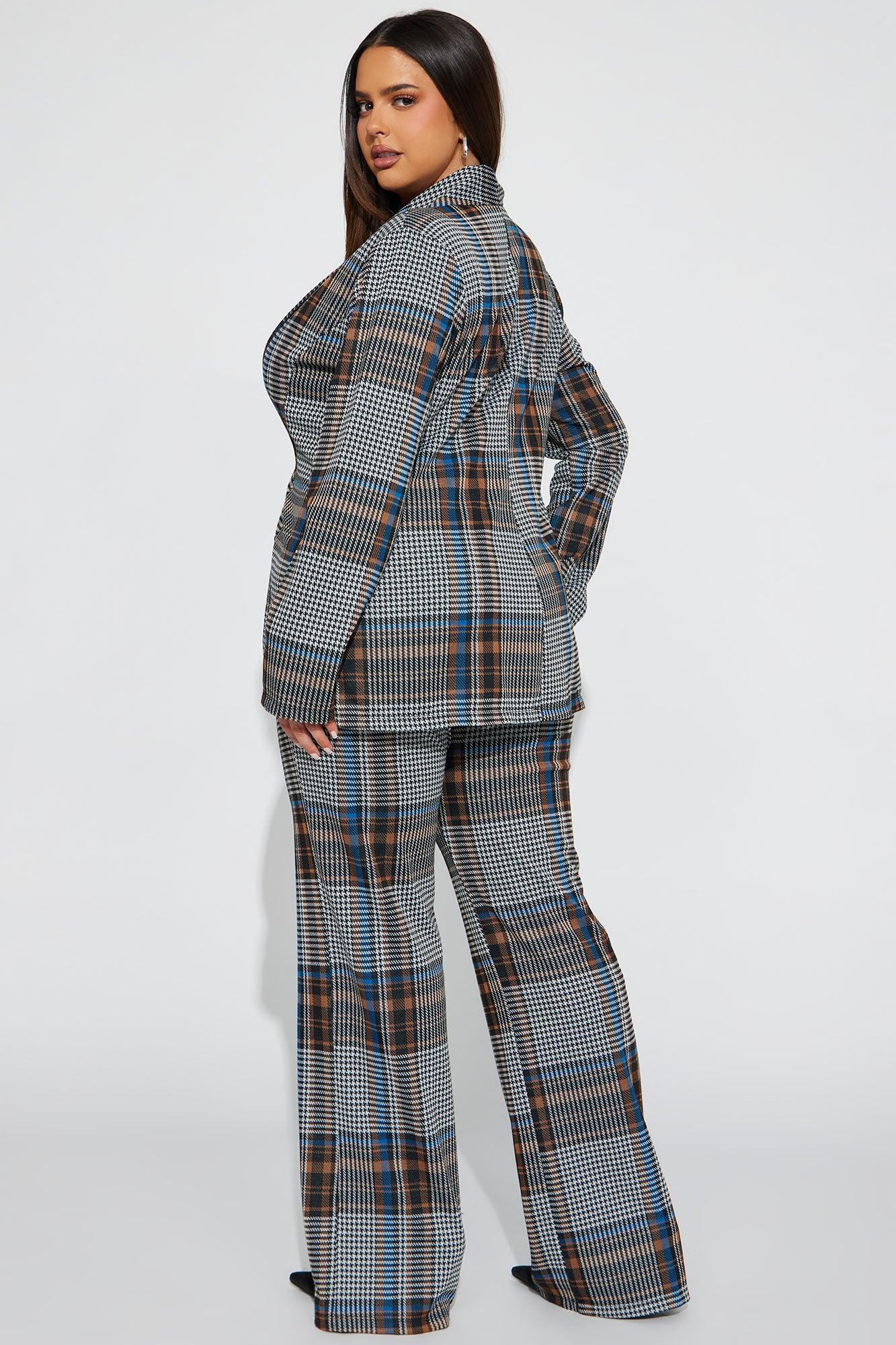 Business Time Plaid Blazer Pant Set - Blue/combo Product Image