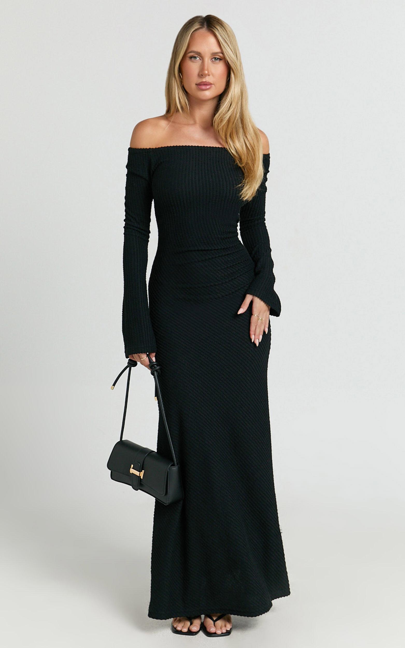 Ayla Maxi Dress - Off Shoulder Flared Sleeve Bodycon Dress in Black Product Image