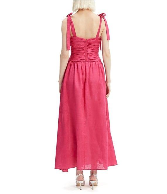 Bardot Mirelle Linen Blend Square Neck Sleeveless Tie Straps Ruched Drop Waist Maxi Dress Product Image