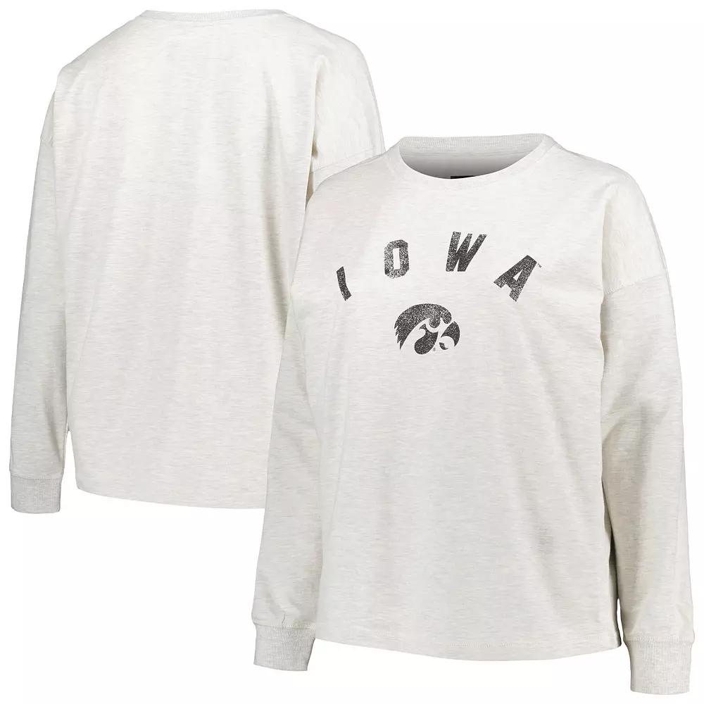 Women's Profile Oatmeal Iowa Hawkeyes Plus Size Distressed Arch Over Logo Neutral Boxy Pullover Sweatshirt, Size: 2XL, Team Product Image
