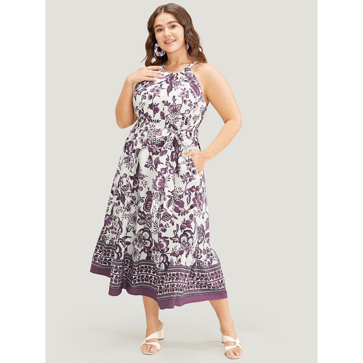 Plus Size Bandana Print Knotted Flutter Hem Pocket Belted Halter Dress Mauve Women Vacation Knotted Halter neck Sleeveless Curvy Midi Dress BloomChic 22-24/3X Product Image