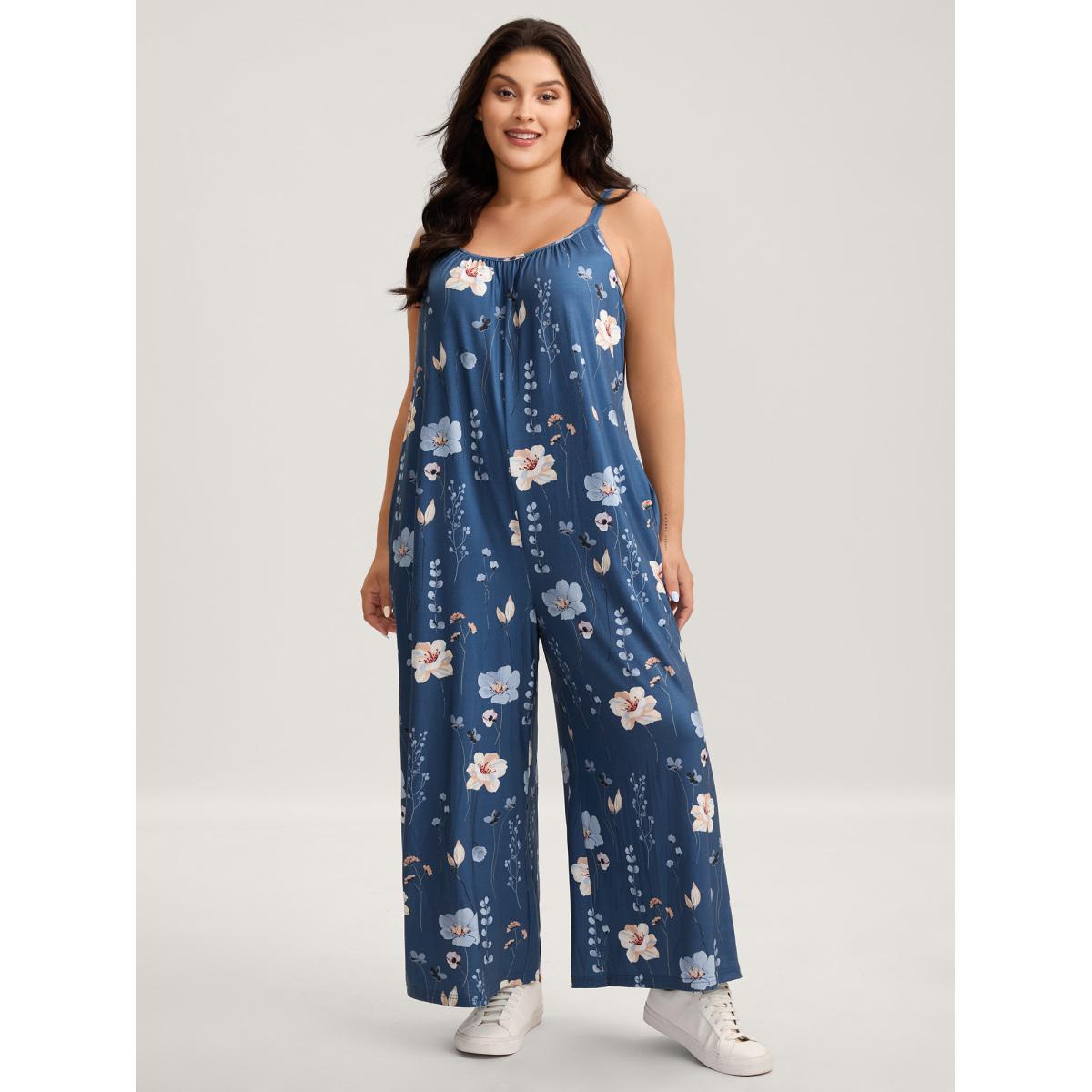 Plus Size Mediumblue Stretchy Lined Floral Print Cami Jumpsuit Women Leisure Sleeveless V-neck Casual Loose Jumpsuits BloomChic 12/L Product Image