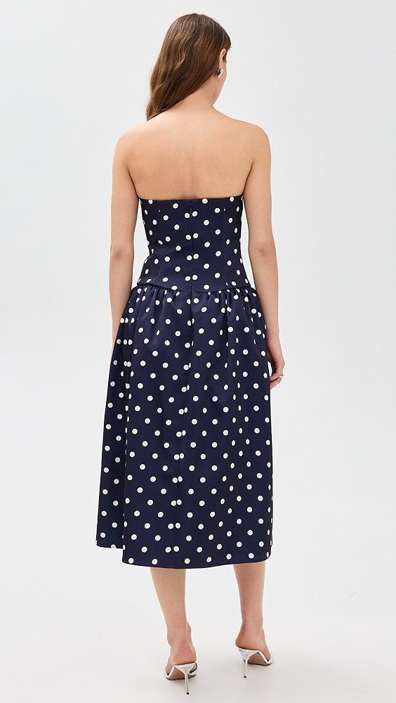 Self Portrait Navy Polka Dot Satin Midi Dress | Shopbop Product Image