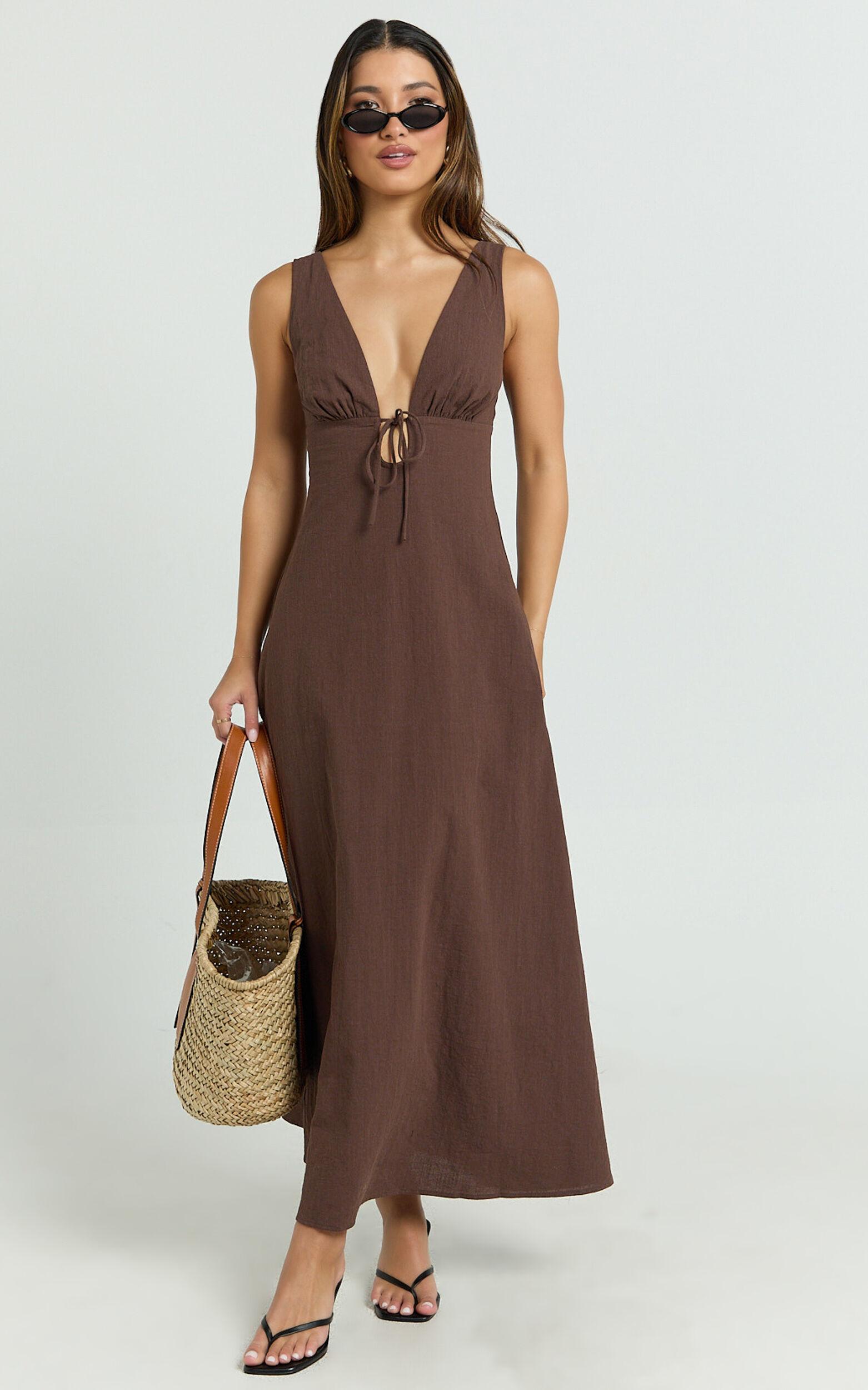 Silvena Midi Dress - Plunge Neckline Tie Front A Line Dress in Chocolate Product Image