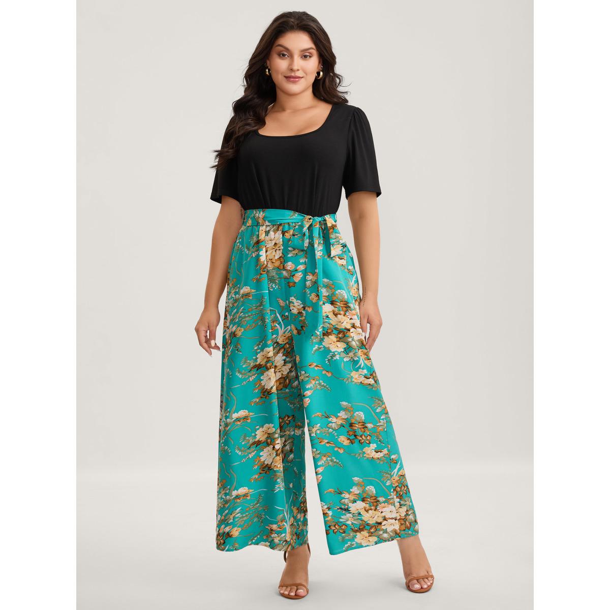 Plus Size Arctic Color Contrast Belted Panel Pockets Jumpsuit Women Timeless Short sleeve Square Neck Elegant Loose Jumpsuits BloomChic 10/M Product Image