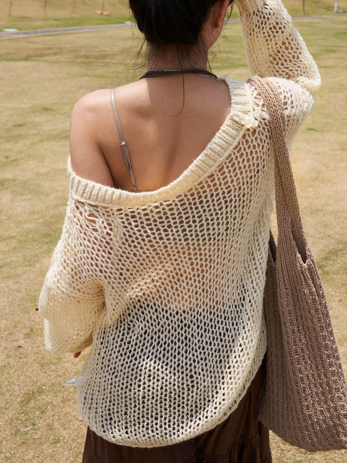 Crochet Hollow Long Sleeve Knit Top Product Image