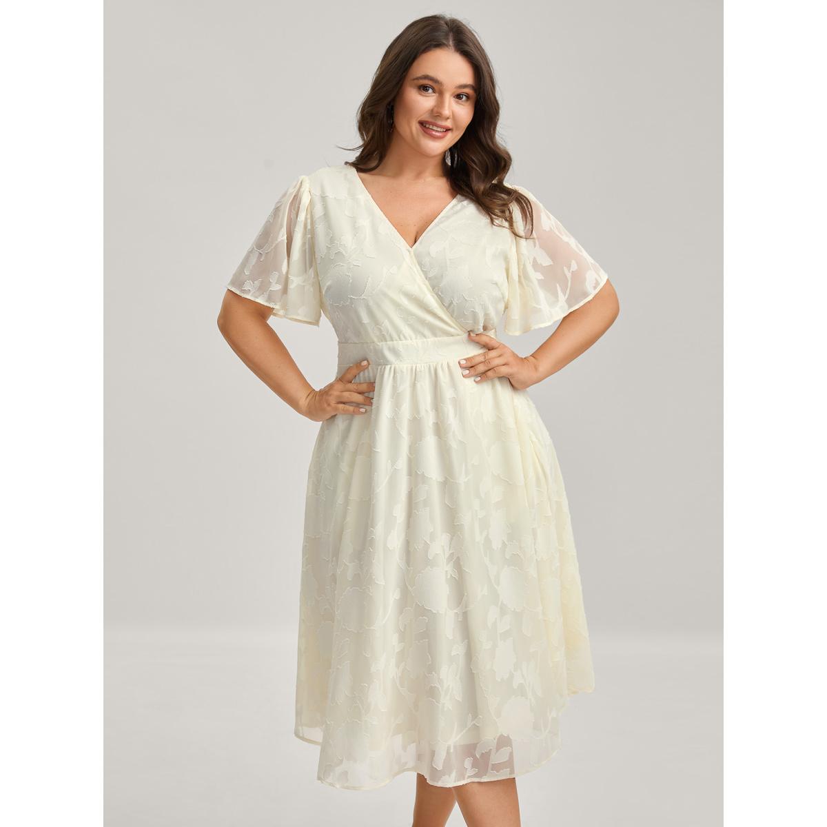 Plus Size Back Tie-Up Sheer Textured Midi Dress Beige Women Overlapping Overlap Collar Short sleeve Curvy BloomChic 14-16/1X Product Image