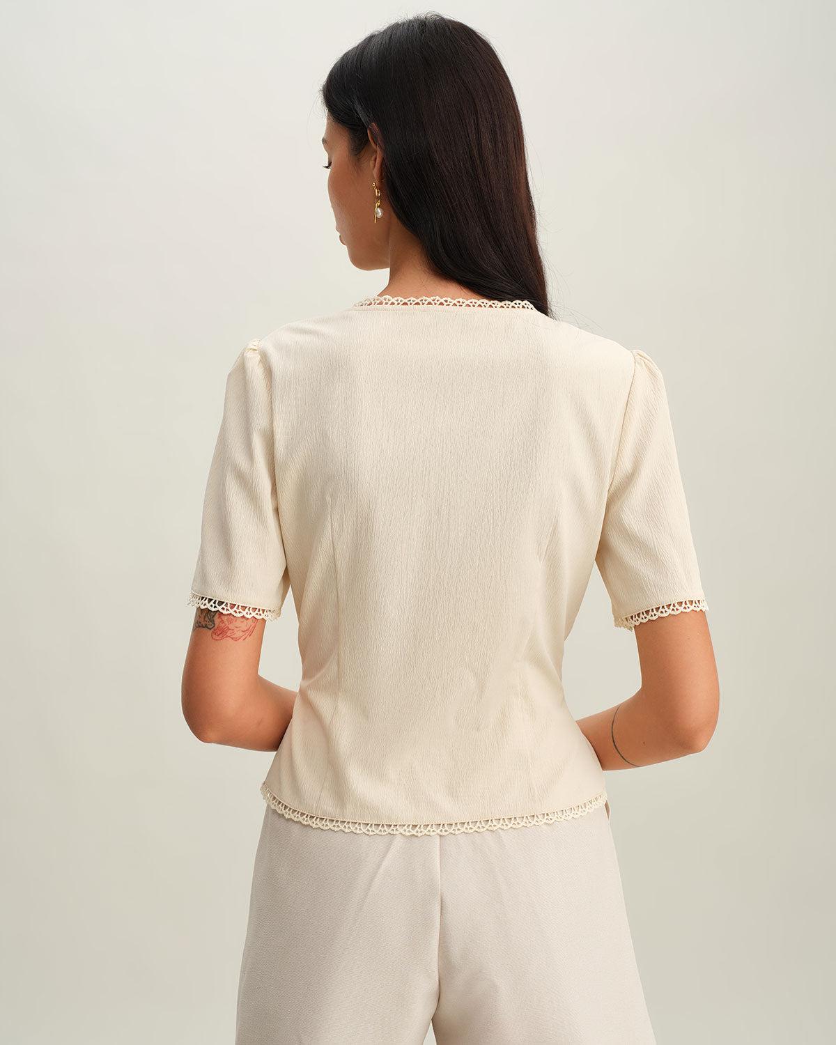 Beige V Neck Pleated Button Blouse Product Image