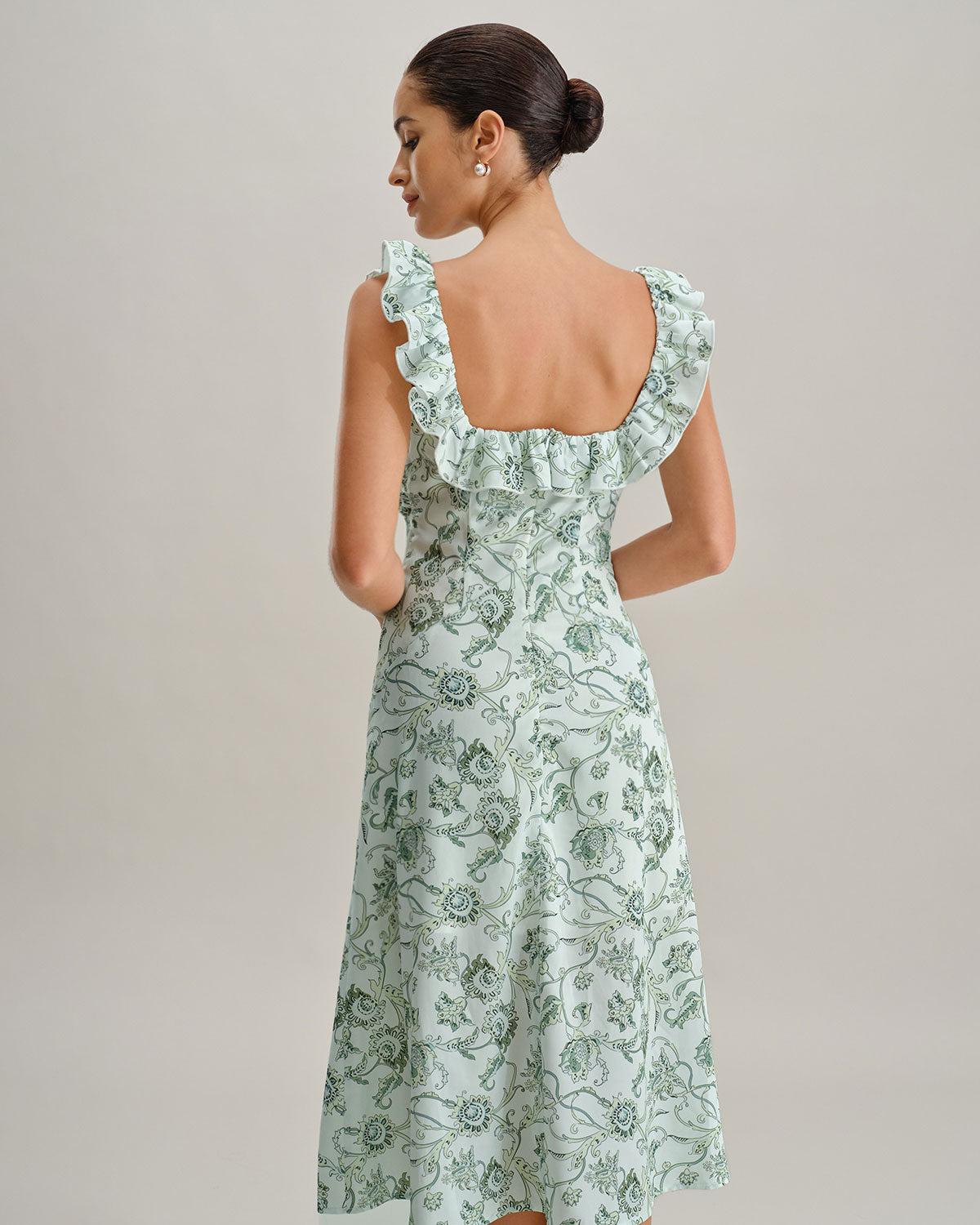 Green Floral Square Neck Ruched Midi Dress Product Image