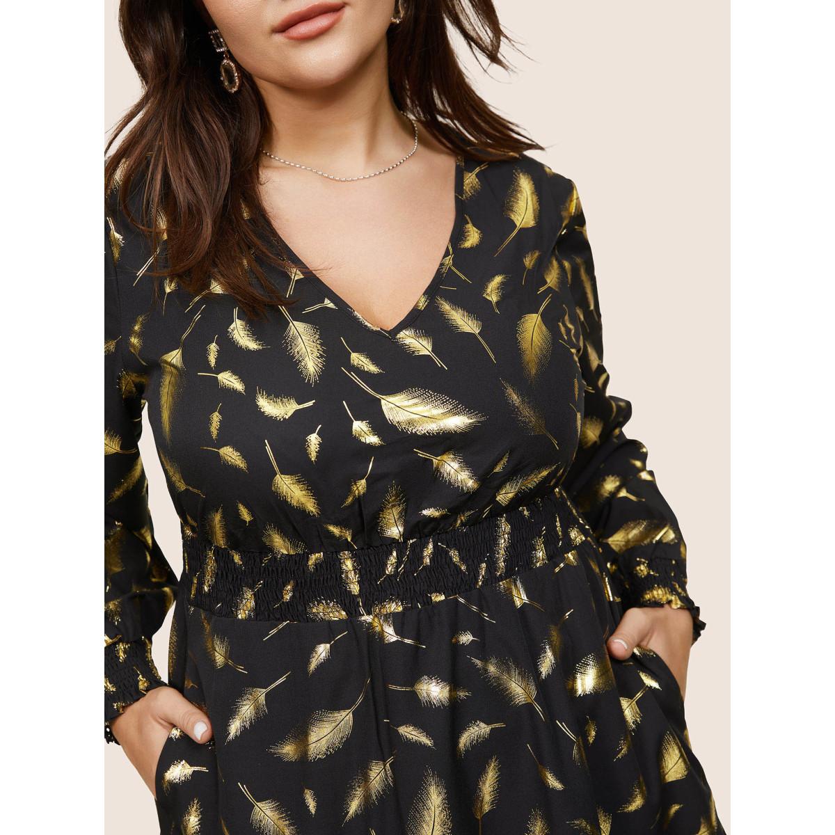 Plus Size Feather Glitter Shirred Elastic Cuffs Dress Black Women Cocktail Printed V-neck Long Sleeve Curvy Midi Dress BloomChic 10/M Product Image