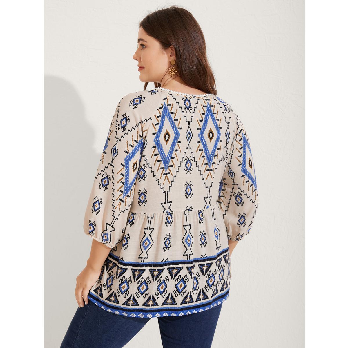 Plus Size Multicolor Boho Print Lace Detail Neck Tie Blouse Women Elbow-length sleeve Notched collar Vacation Blouses BloomChic 26/4X Product Image