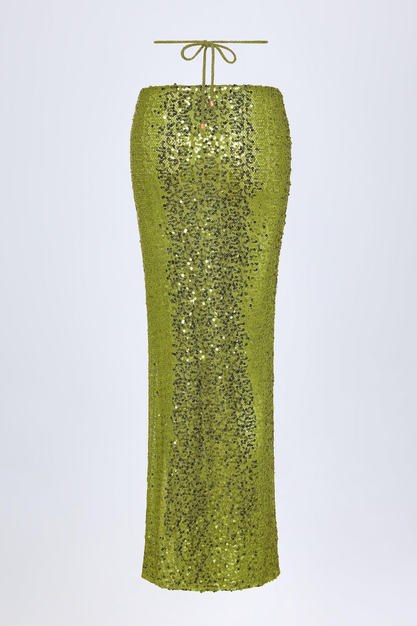 Embellished Hardware-Detail Strappy Maxi Skirt in Olive Green Product Image