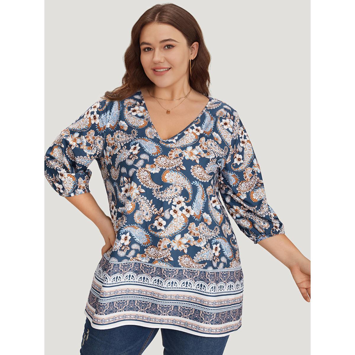 Plus Size Multicolor Paisley Print Patchwork V Neck Blouse Women Vacation Elbow-length sleeve V-neck Dailywear Blouses BloomChic 18-20/2X Product Image