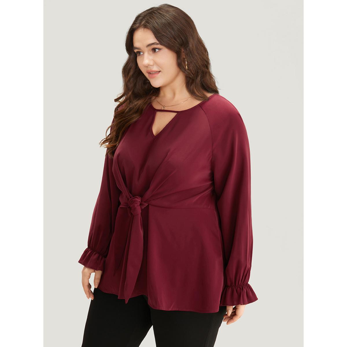 Plus Size Scarlet Anti-Wrinkle Twist Front Keyhole Ties Blouse Women Office Long Sleeve Keyhole Cut-Out Work Blouses BloomChic 18-20/2X Product Image