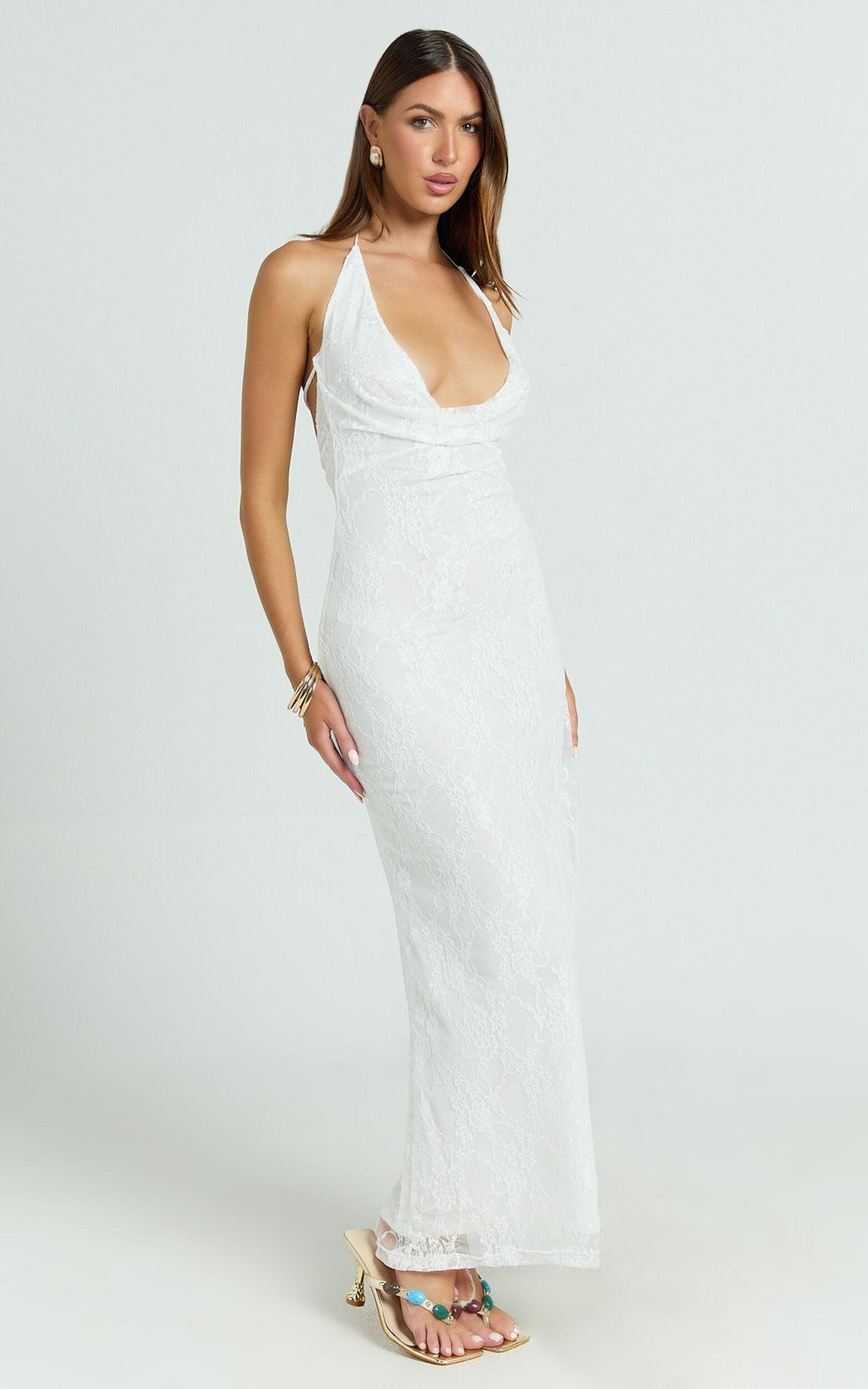 Janine Maxi Dress - Plunge Cowl Neck Backless Column Dress in Ivory Product Image