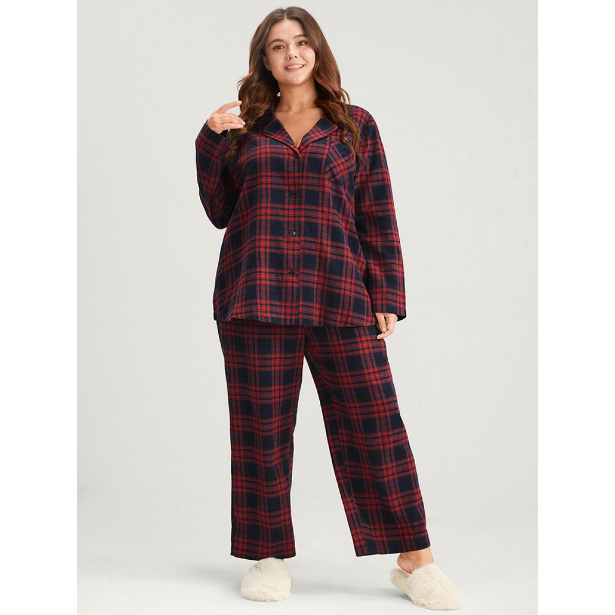 Plus Size Tartan Suit Collar Button Up Pocket Pajama Set Women Navy Plaid Button Long Sleeve Suit Collar Casual Loungewear Sets BloomChic 14-16/1X Product Image