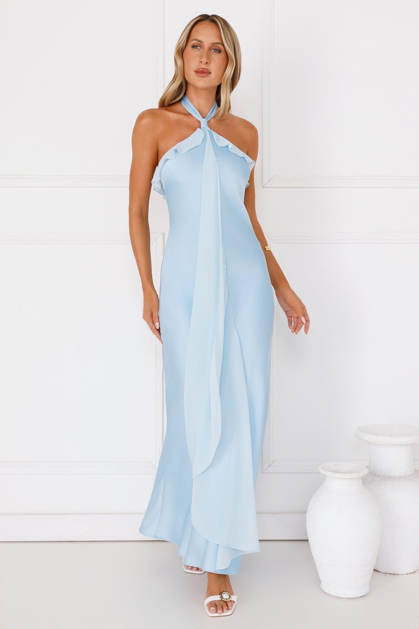 Luxora Lady Halter Satin Maxi Dress Blue Product Image