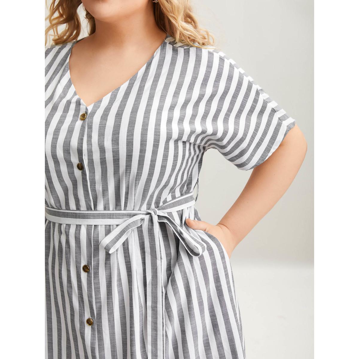 Plus Size Striped V Neck Button Belted Knee Dress Black Women Office Gathered V-neck Short sleeve Curvy BloomChic 14-16/1X Product Image