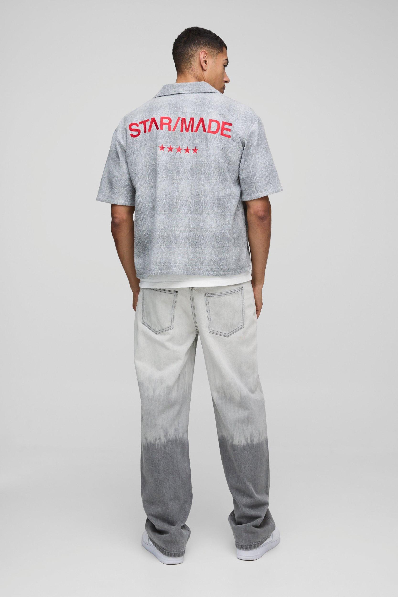 Oversized Boxy Star Made Embroidery Slogan Shirt | boohooMAN USA Product Image