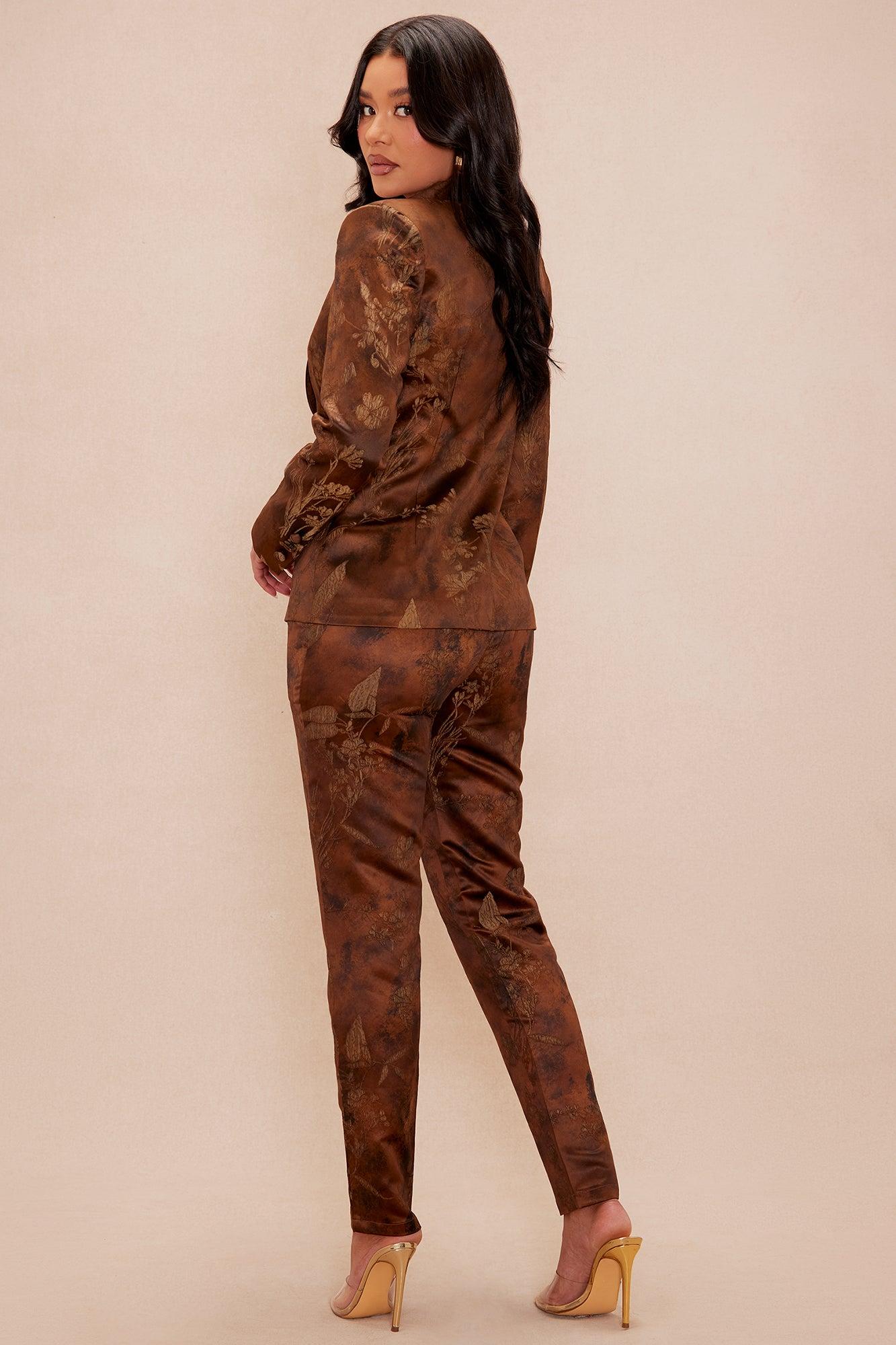 Seraya Satin Blazer Suit Set - Brown/combo Product Image