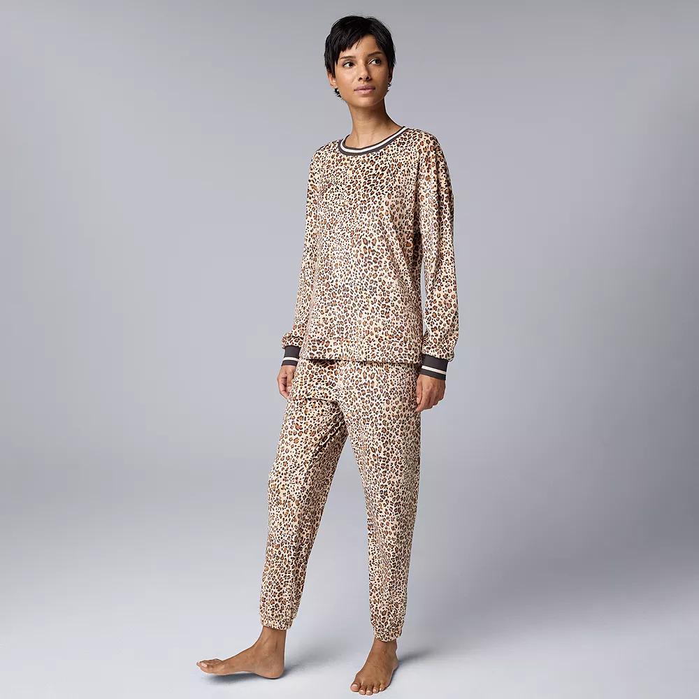 Women's Simply Vera Vera Wang Long Sleeve Pajama Top & Pajama Bottoms Set, Size: XS Long, Natural Animal Product Image