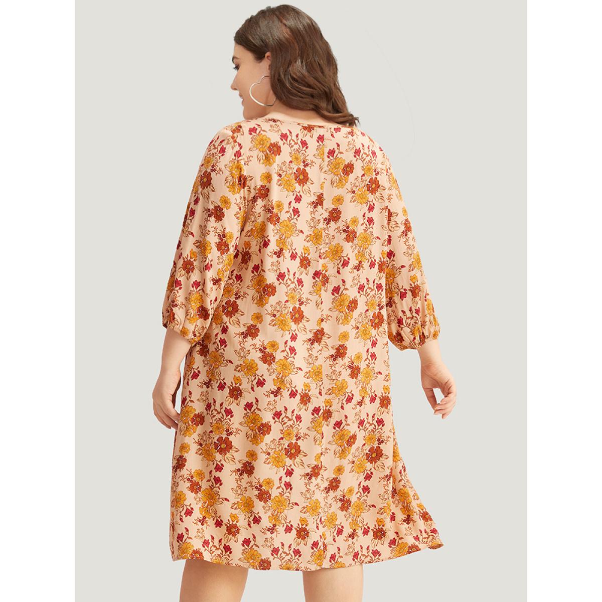 Plus Size Supersoft Essentials Floral Print Pocket V Neck Dress Apricot Women Resort Elastic cuffs V-neck Elbow-length sleeve Curvy Midi Dress BloomChic 10/M Product Image