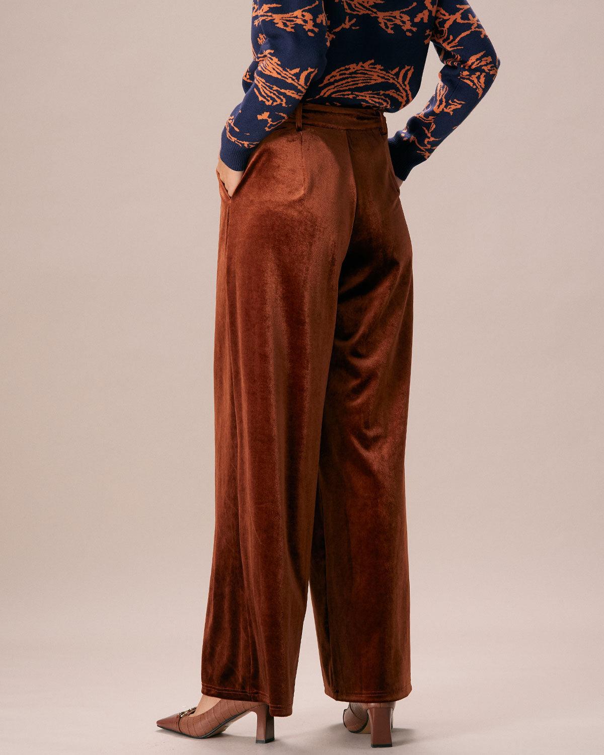 The Brown High Waisted Velvet Wide Leg Pants Product Image