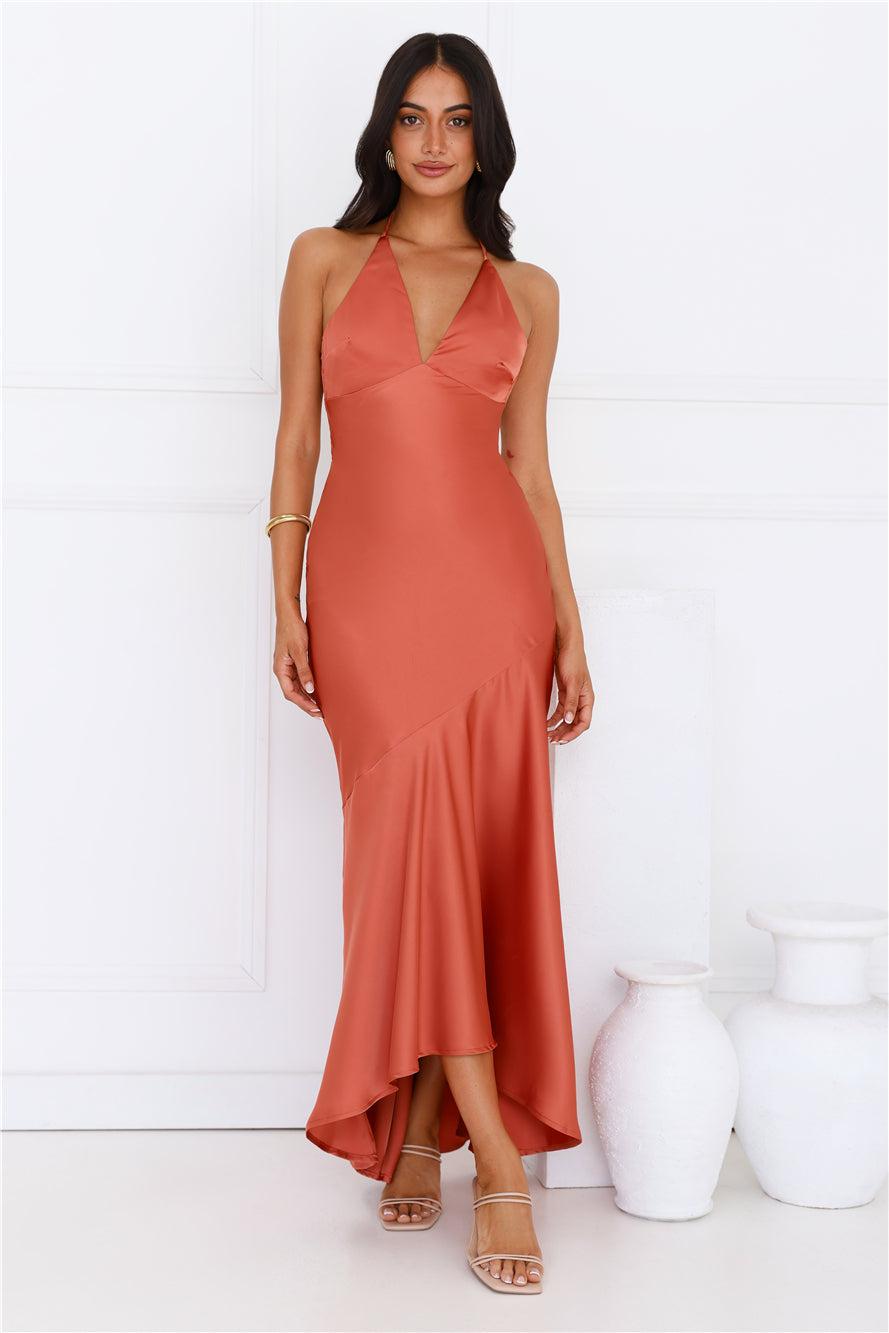 She Is Sublime Halter Satin Maxi Dress Brick Product Image