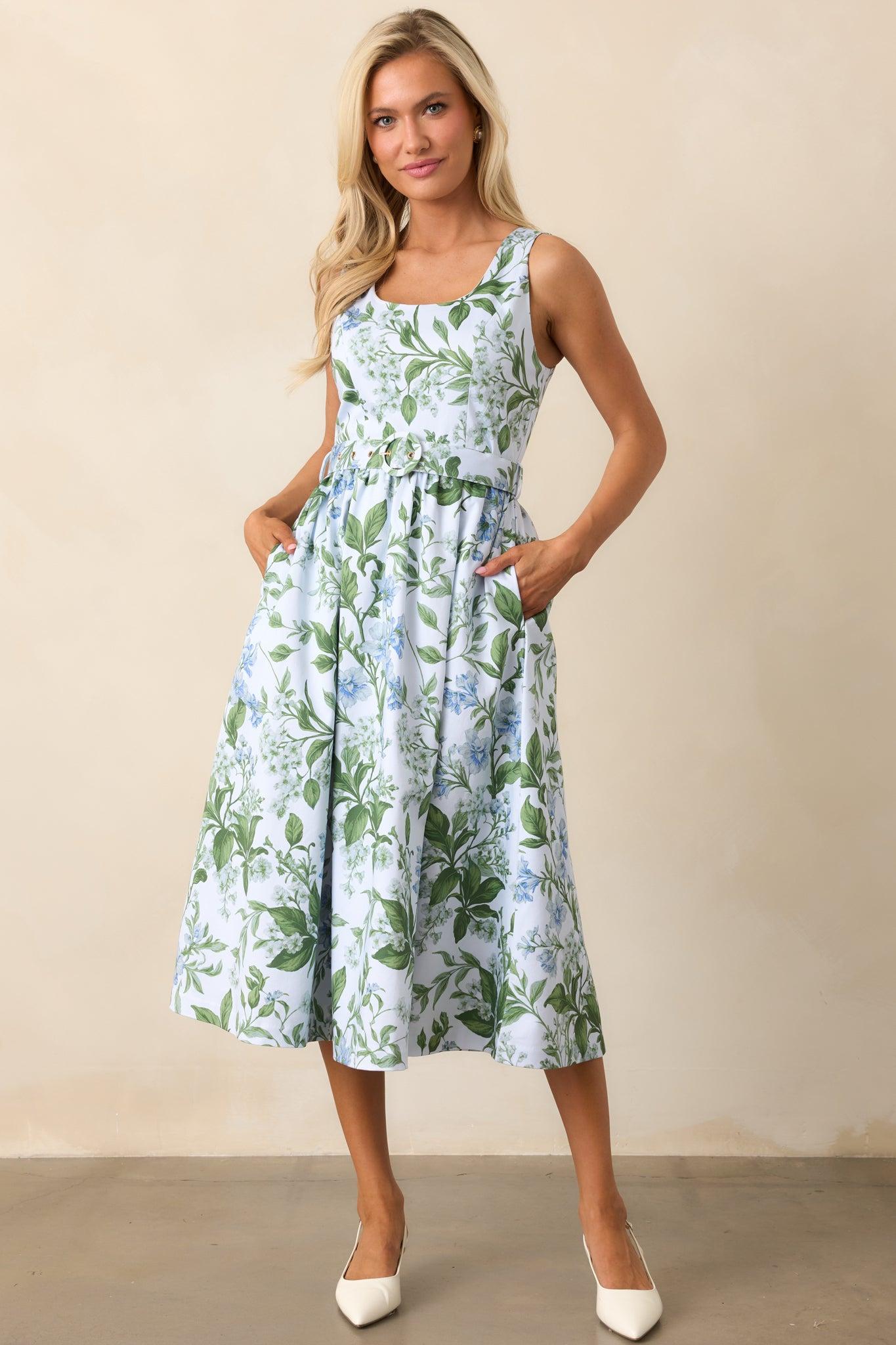 Ava Blue Lilacs Botanical Print Cotton Belted Midi Dress Product Image