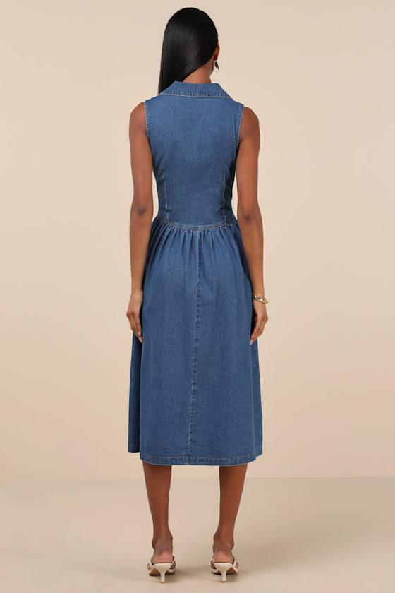 Levon Medium Wash Denim Button-Front Midi Dress Product Image