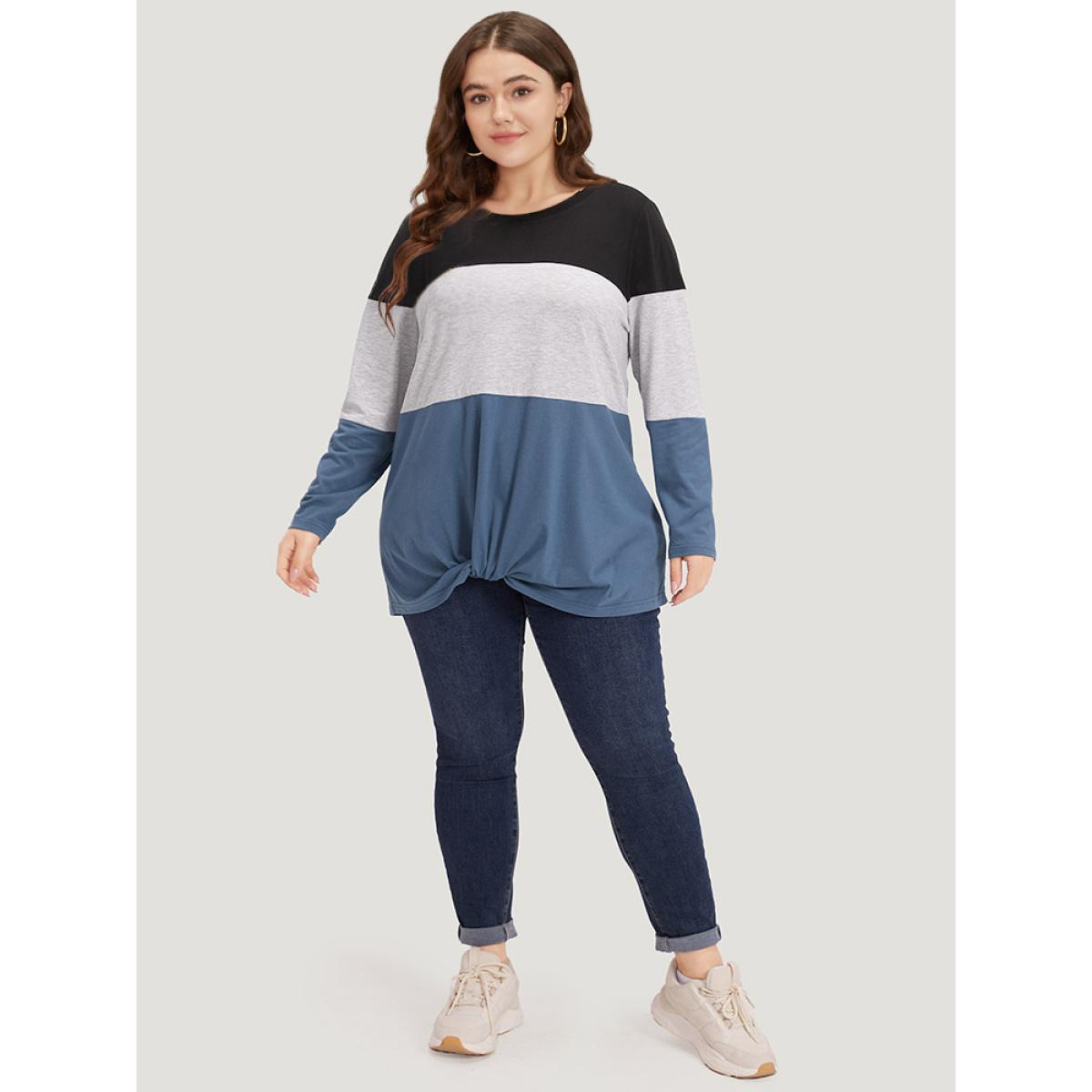 Plus Size Round Neck Twist Front Patchwork Contrast T-shirt Multicolor Women Casual Contrast Plain Round Neck Dailywear T-shirts BloomChic 12/L Product Image