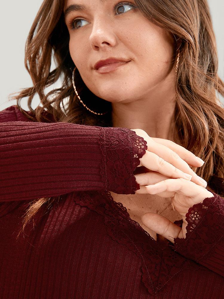 Solid Lace Trim Rib Knit Long Tee Female Product Image