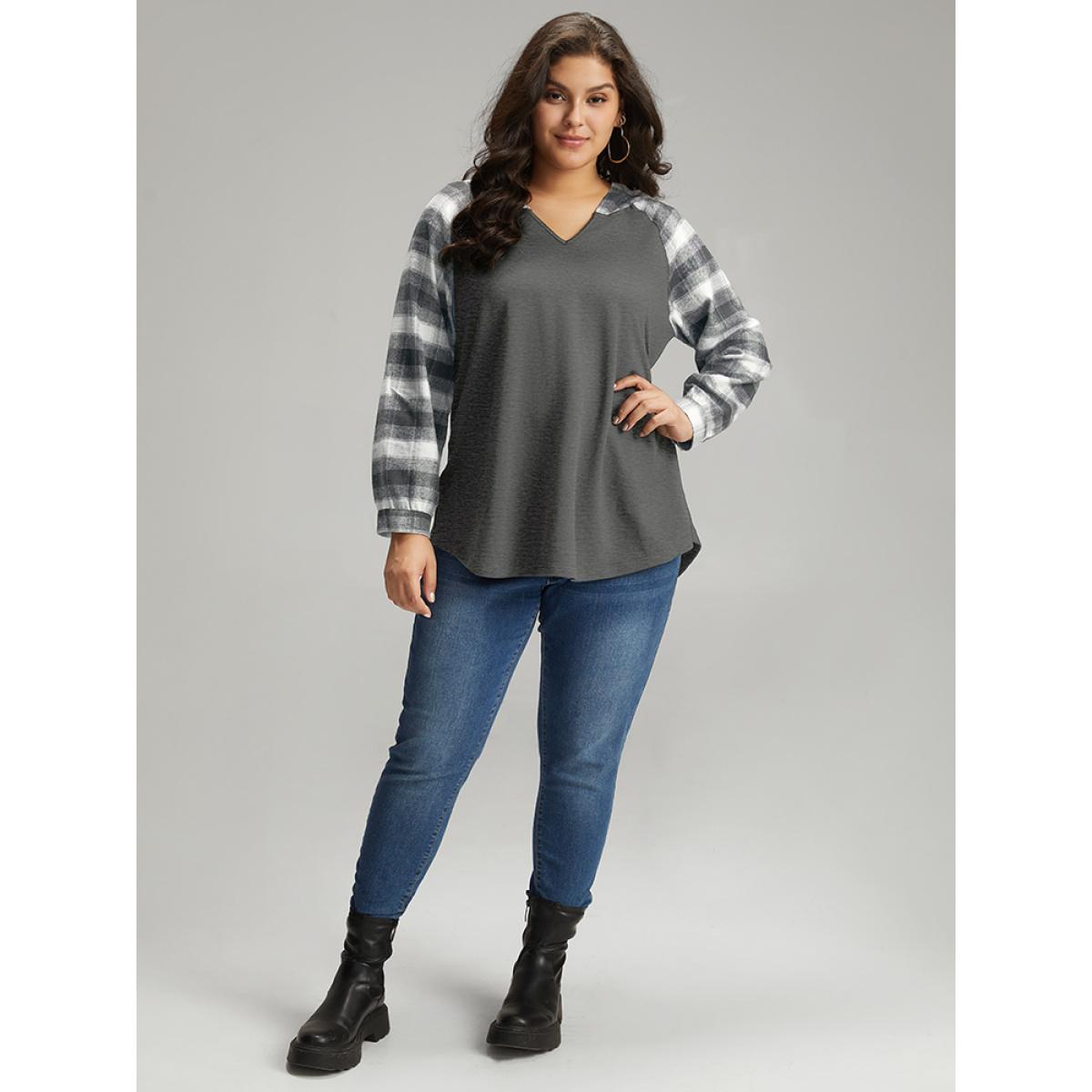 Plus Size Plaid Print Hooded Patchwork Sweatshirt Women DimGray Casual Patchwork Hooded Everyday Sweatshirts BloomChic 28/5X Product Image