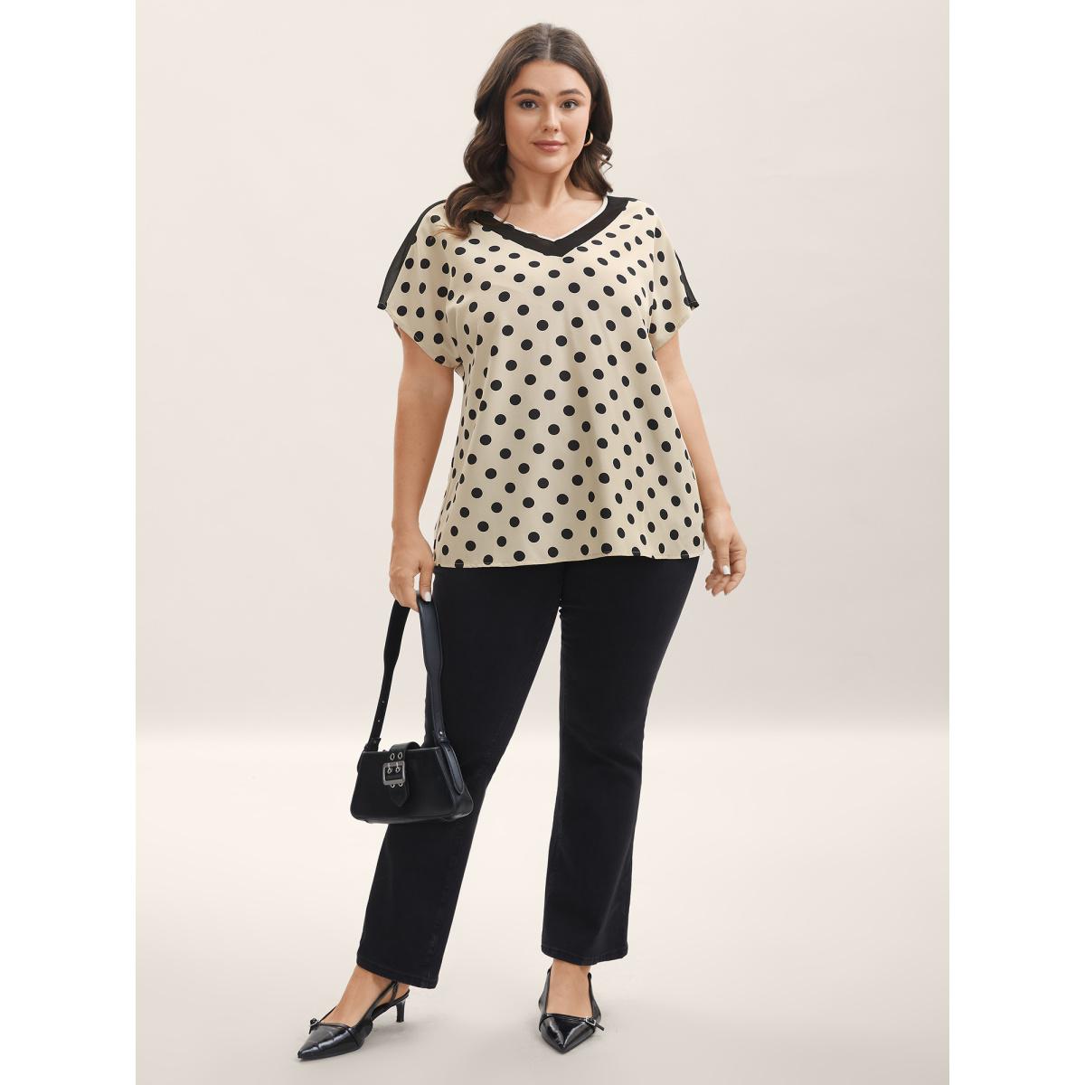 Plus Size Champagne Polka Dots Color Contrast Blouse Women Short sleeve V-neck Work Blouses BloomChic 26/4X Product Image