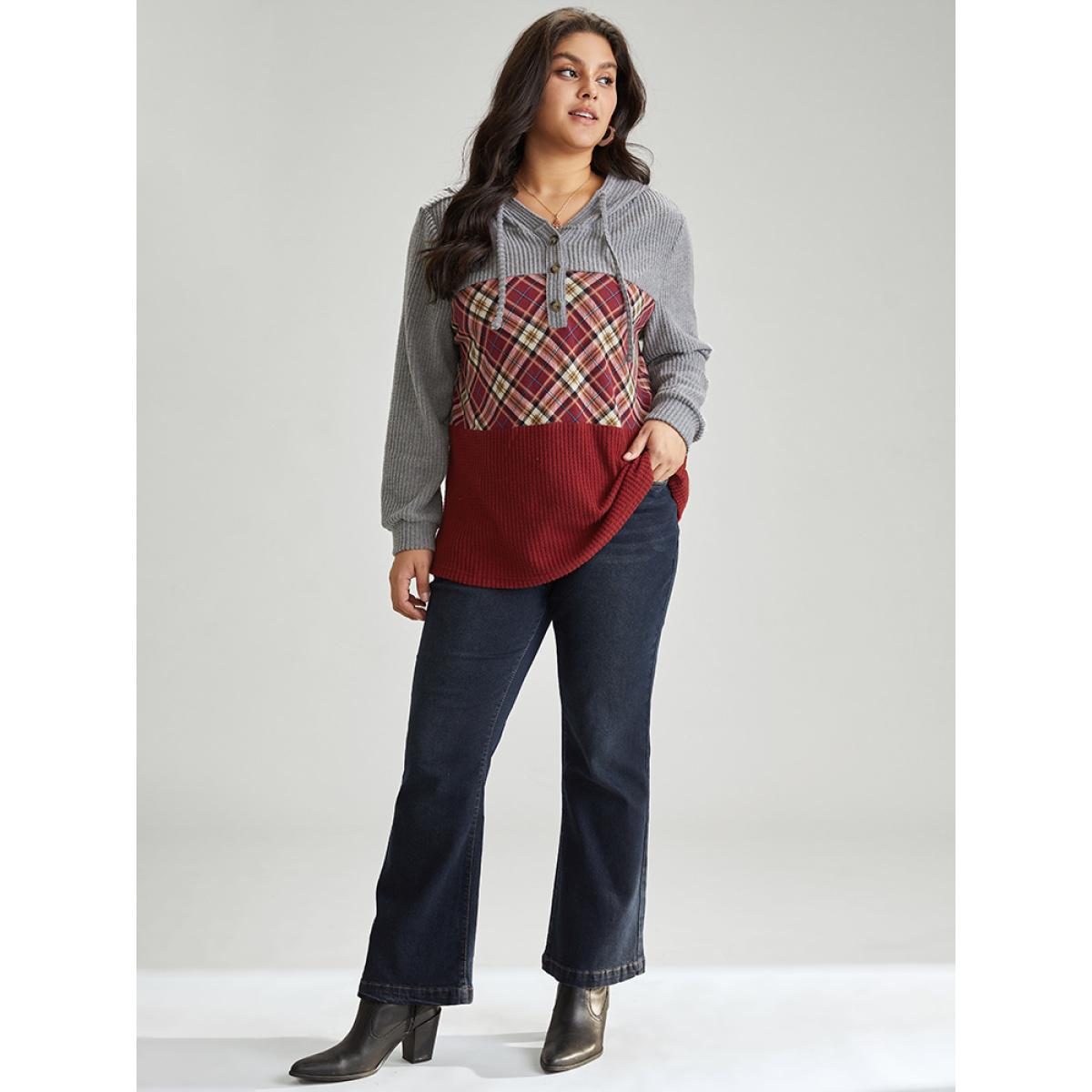 Plus Size Plaid Patchwork Textured Hooded Contrast Sweatshirt Women Red Casual Waffle Knit Hooded Festival-Christmas Sweatshirts BloomChic 14-16/1X Product Image