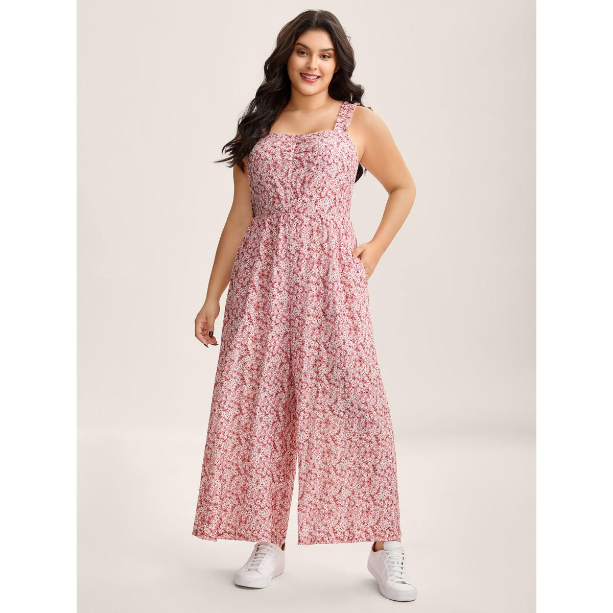 Plus Size Blush Pleated Bodice Petal Trim Straps Jumpsuit Women Sleeveless Non Everyday-Casual Loose Jumpsuits BloomChic 18-20/2X Product Image