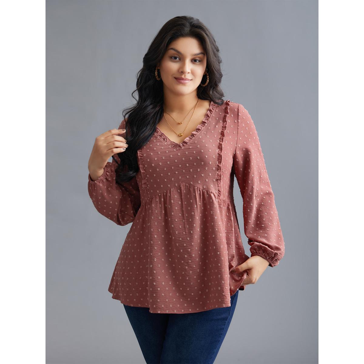 Plus Size Rouge V Neck Ruffle Trim Elastic Cuffs Blouse Women Elegant Long Sleeve V-neck Everyday Blouses BloomChic 28/5X Product Image