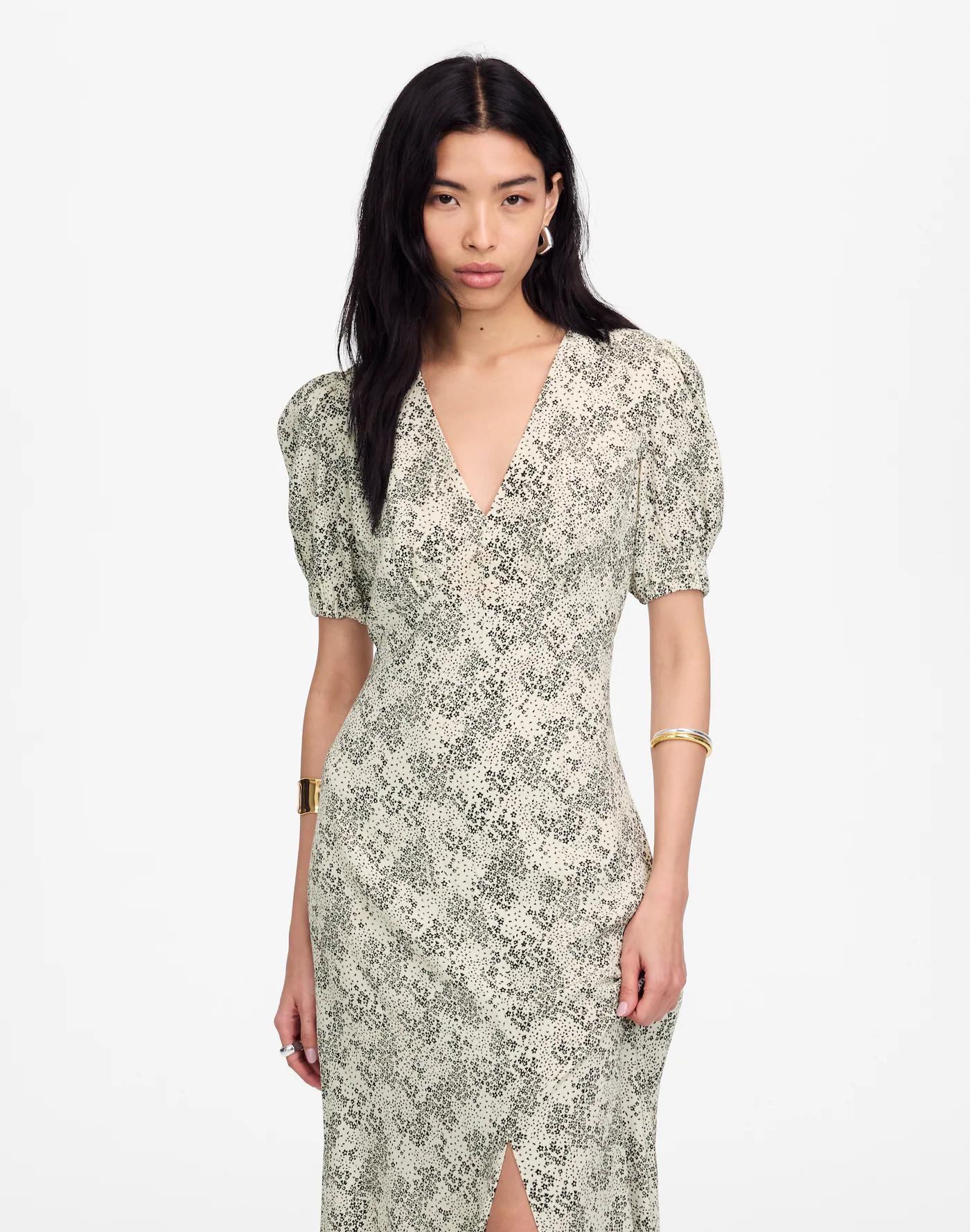 Puff-Sleeve V-Neck Midi Dress in Floral Product Image